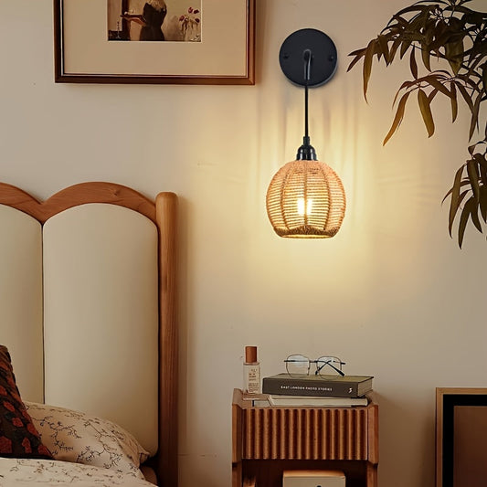 Boho stiliaus rankų darbo rotango sieninis šviestuvas